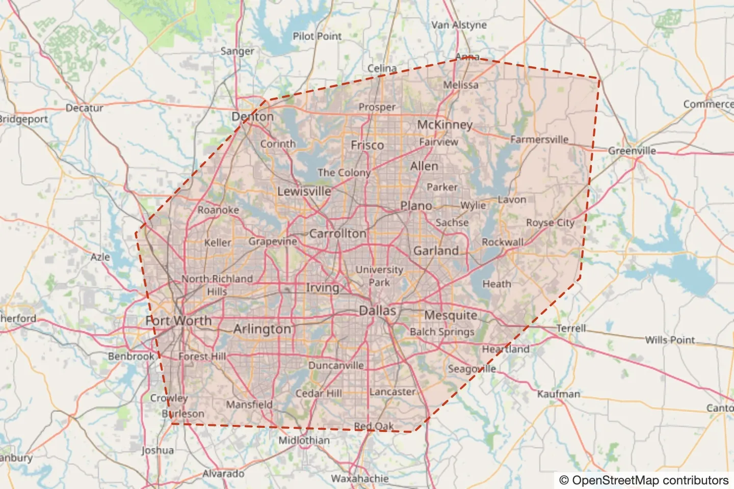 Map of the Superior Emergency Restoration service area across the Dallas–Fort Worth metroplex, from Denton and McKinney south to Burleson